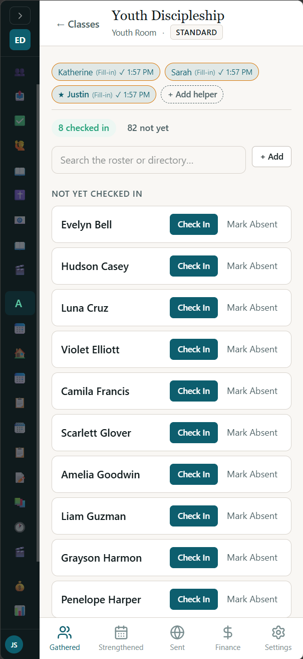 Children’s check-in class roster with helpers and check-in state