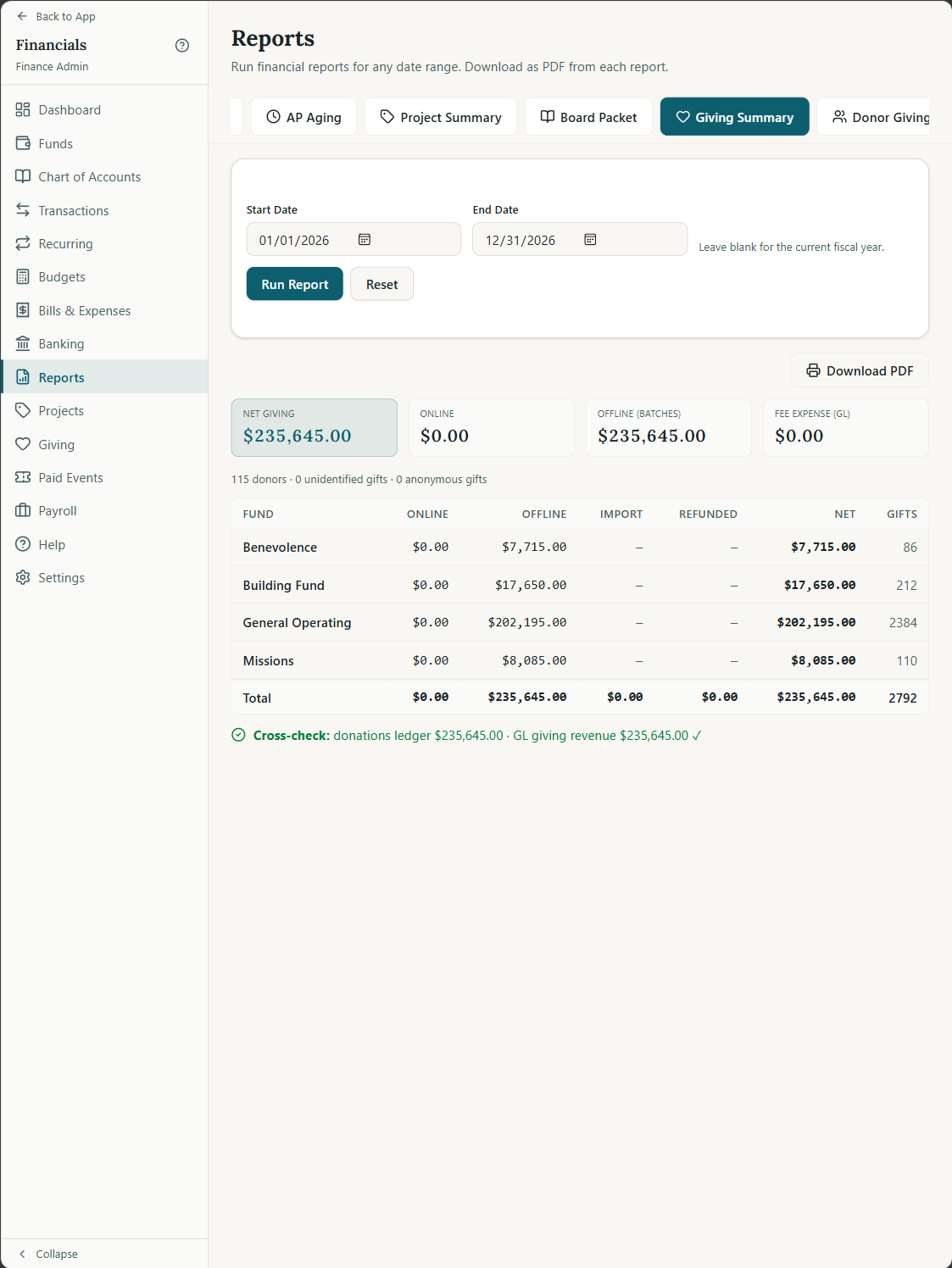 Giving summary report with fund totals and ledger cross-check