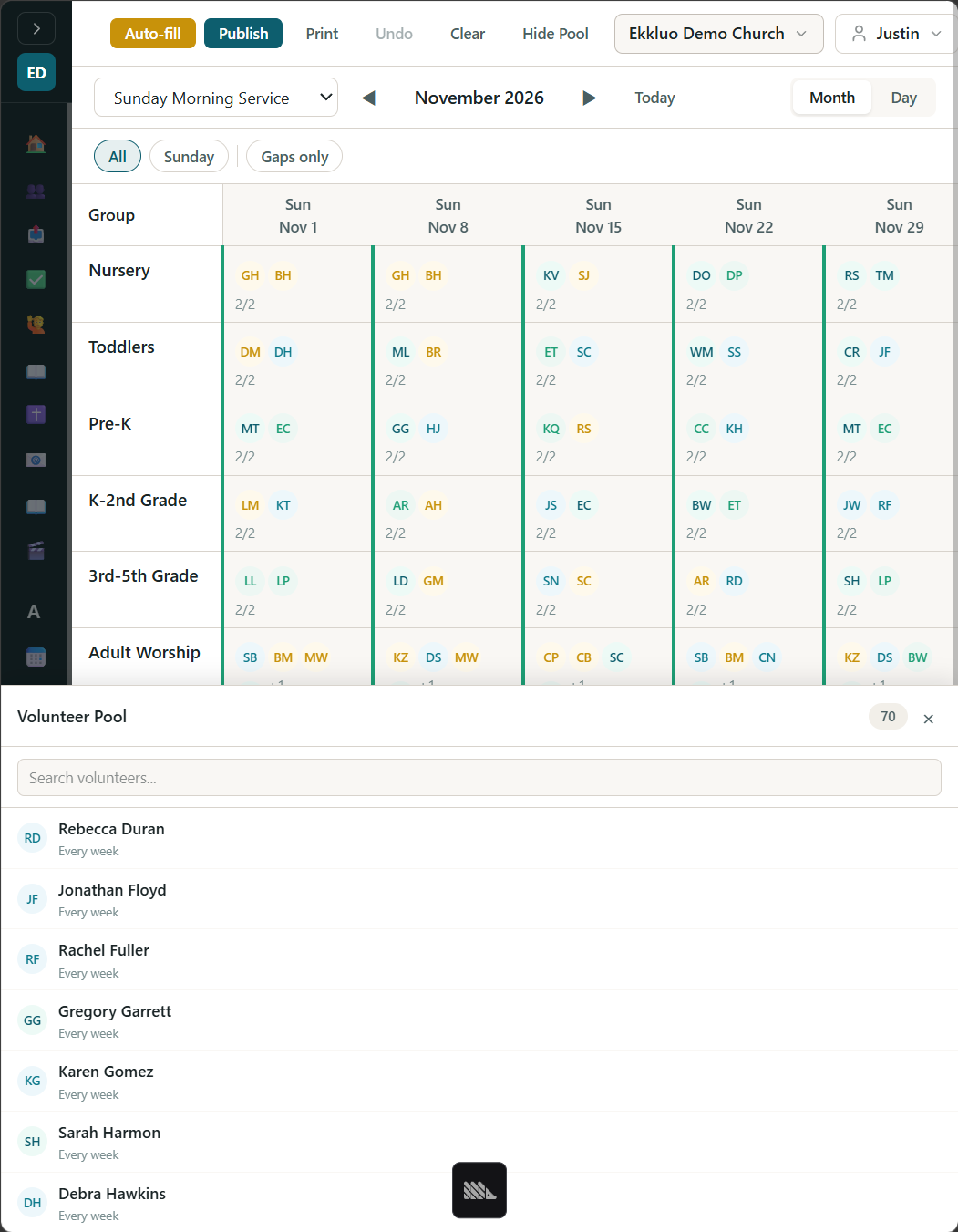 Volunteer schedule month view with auto-fill and the volunteer pool