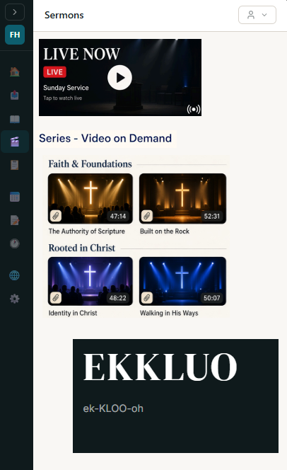 Sermons page with a live banner and video-on-demand series